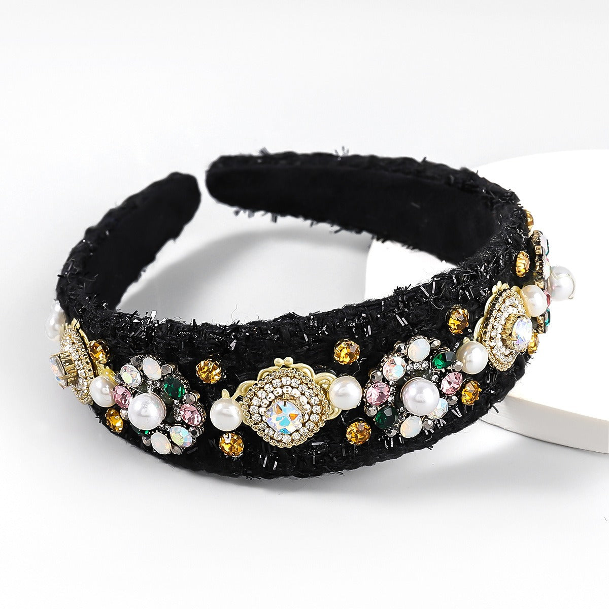 Diadema de borde ancho para mujer con aro de flor de perla con incrustaciones de diamantes de tela nuevo estilo