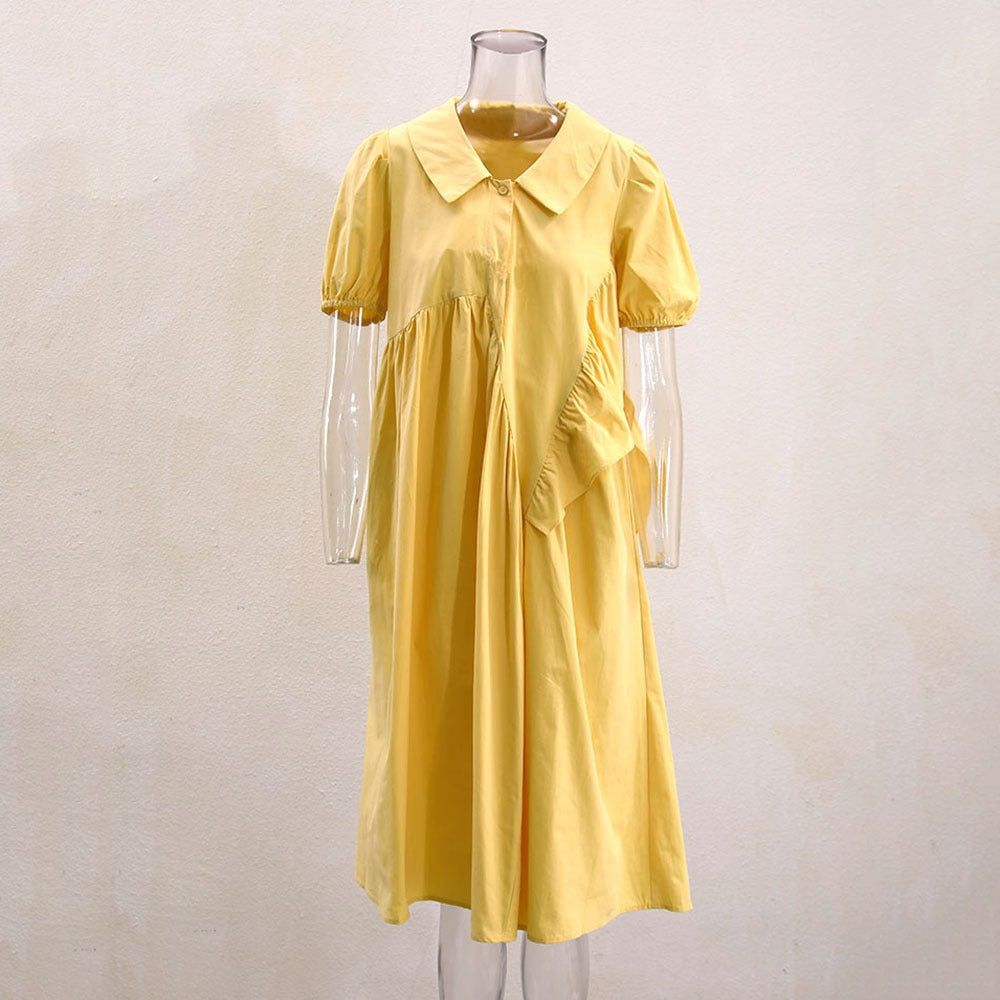 Ruffle edge splicing for minimalist design, yellow dress for women
