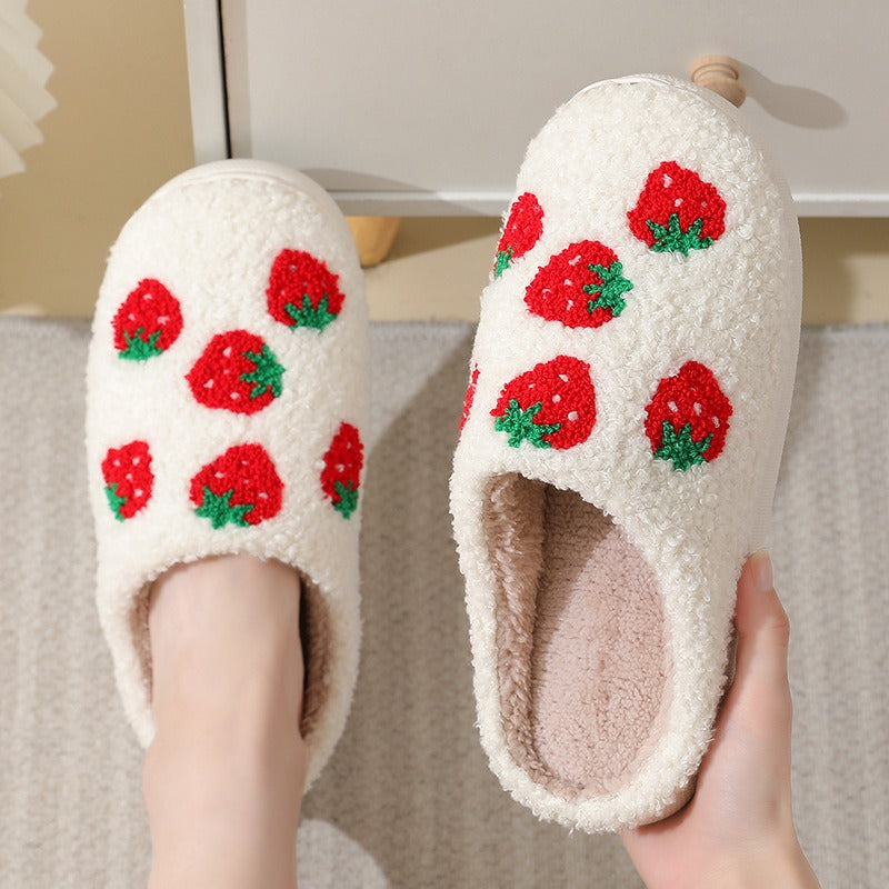 Comfortable home strawberry winter cotton slippers for men and women thick soled