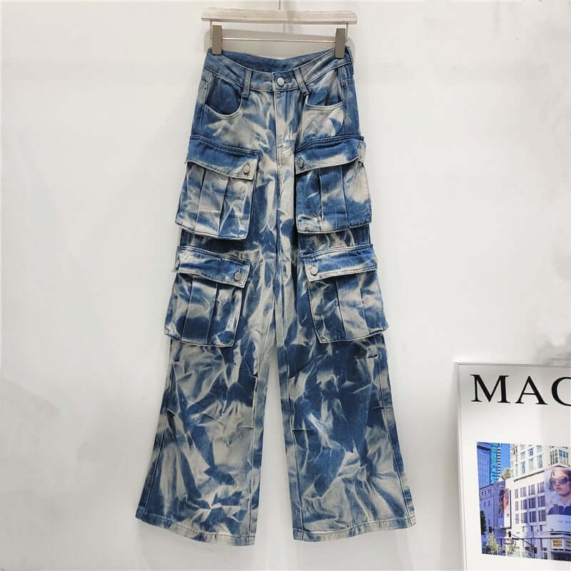 Retro street multi pocket camouflage work pants, long pants, straight leg mop jeans, wide leg pants