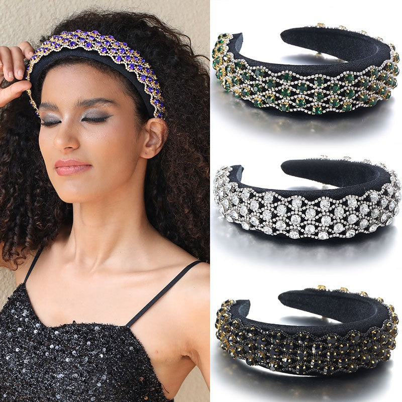 Fashionable full set rhinestone wide edge solid color sponge head hoop