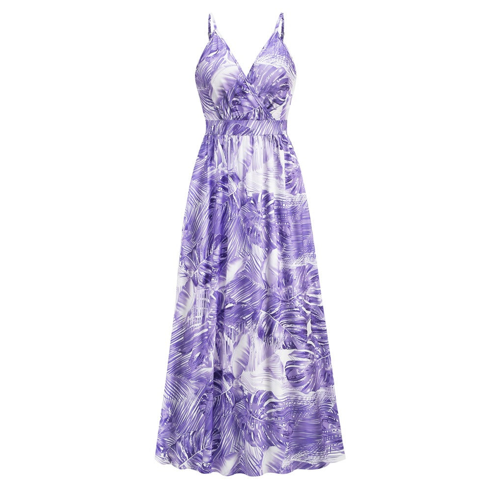 Women's New Bohemian Print Dress Long Sexy V-Neck Halter Dress