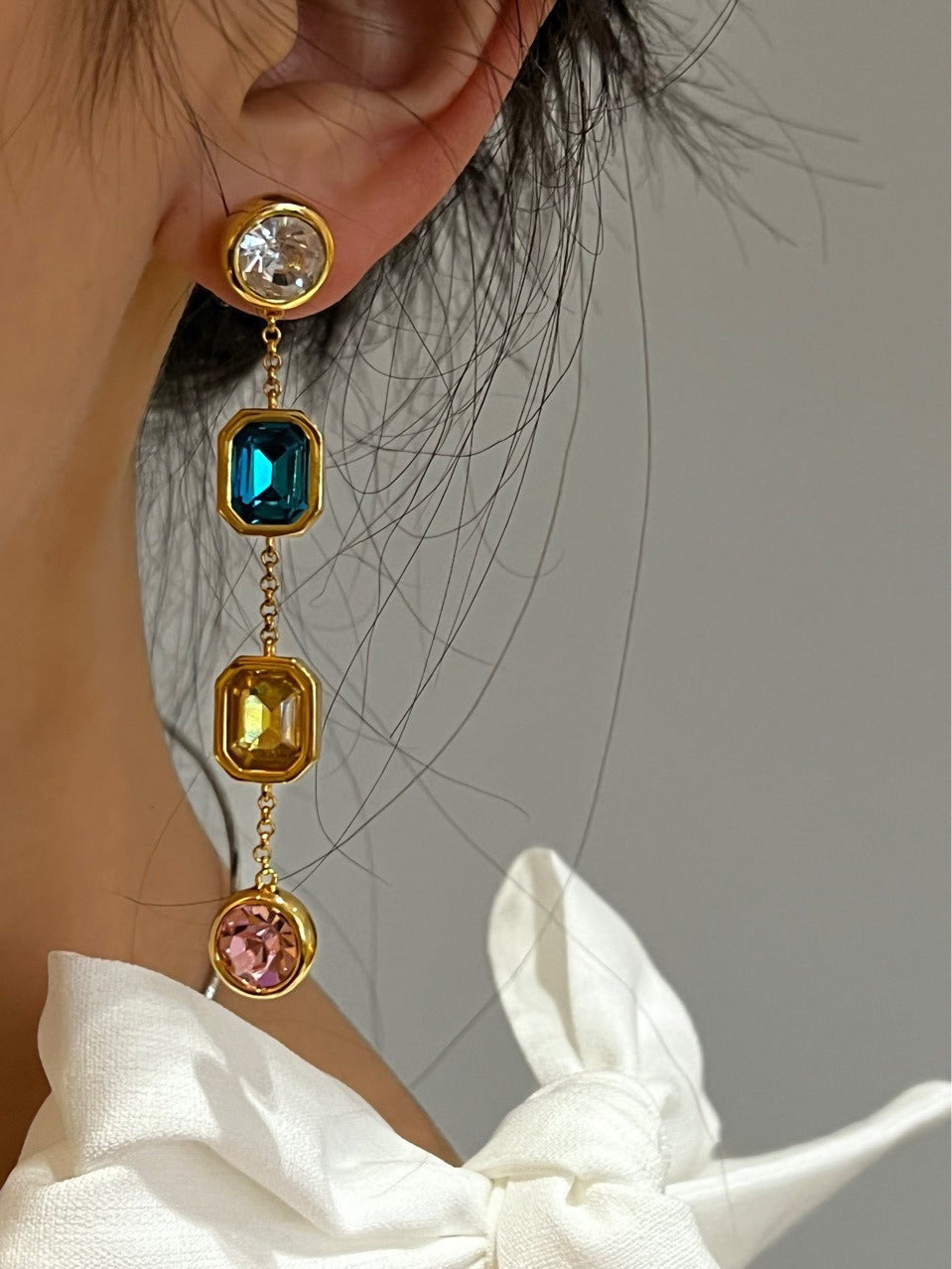 Temperament Heavy Industry Colorful Square Hao Shi Long Earrings Noble and Elegant Face Modifying Earrings