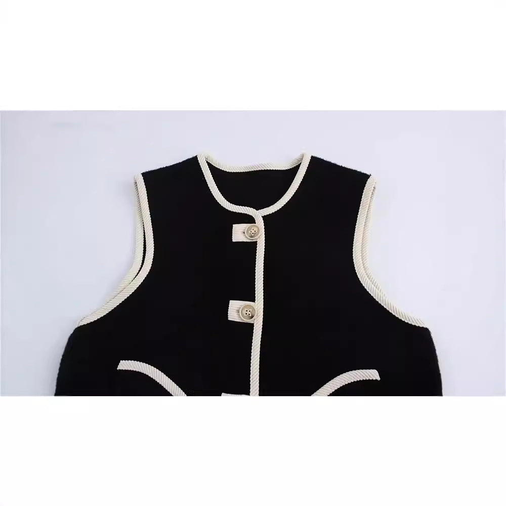 Korean loose fit sleeveless sleeveless trimmed pocket pearl fleece vest top