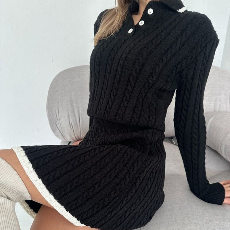 New European and American casual skirt set long sleeved knitted button sweater short skirt two-piece set for women