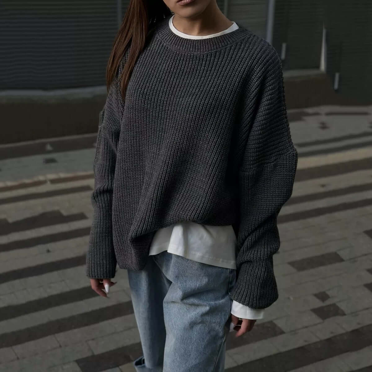 Solid color round neck sweater spring and autumn loose knit sweater