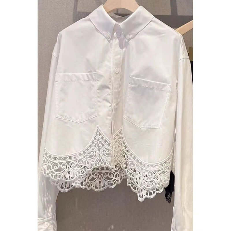 French lace patchwork top niche small long sleeved white shirt