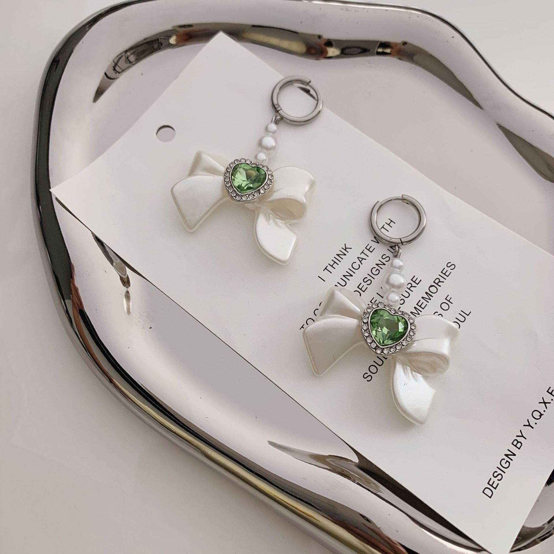 White bow hoop earrings, sweet and cute style niche design earrings