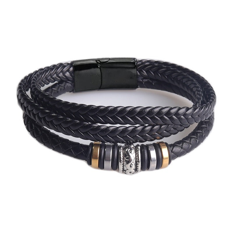 Men's Leather Bracelet Stainless Steel Magnetic Clasp I Love You Engraved Bracelet