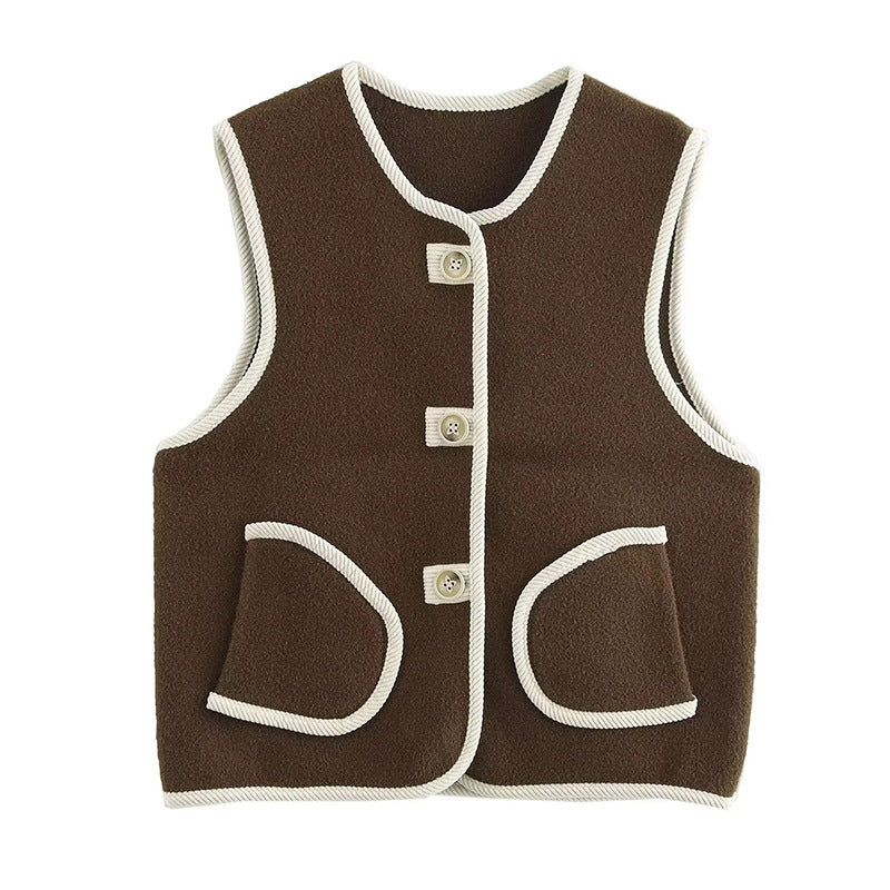 Korean loose fit sleeveless sleeveless trimmed pocket pearl fleece vest top