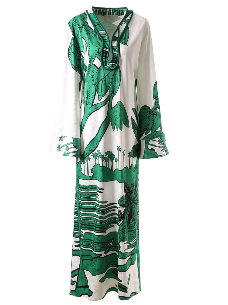 Vestido largo verde bohemio holgado para mujer, vestido largo verde de alta calidad con estampado elegante a la moda de diseñador de verano para mujer