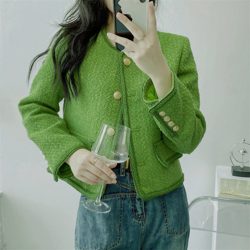 Green wool small fragrant style jacket for women's high-end design short. top