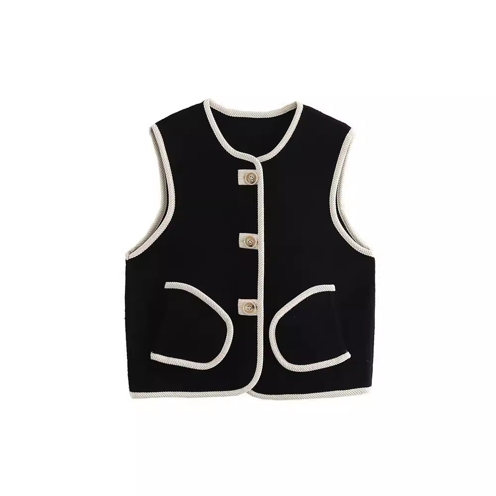 Korean loose fit sleeveless sleeveless trimmed pocket pearl fleece vest top