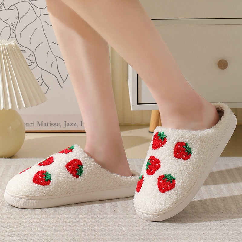 Comfortable home strawberry winter cotton slippers for men and women thick soled