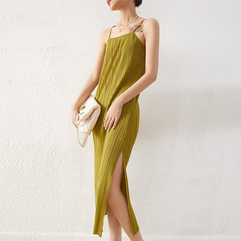 Folded camisole dress for women with a straight neckline slim fit and slim fit slit midi length skirt