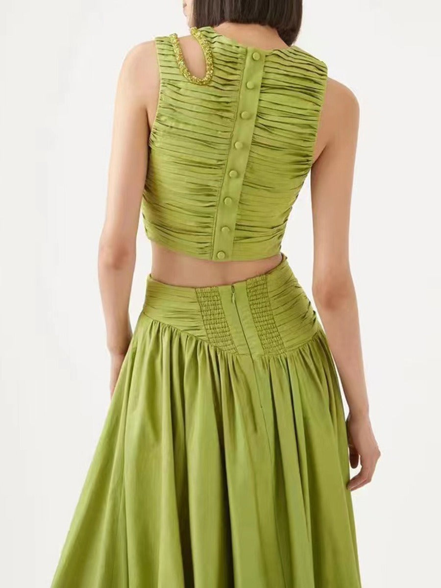 Sexy chest wrapped buttoned back shirt+pleated waist revealing skirt for women