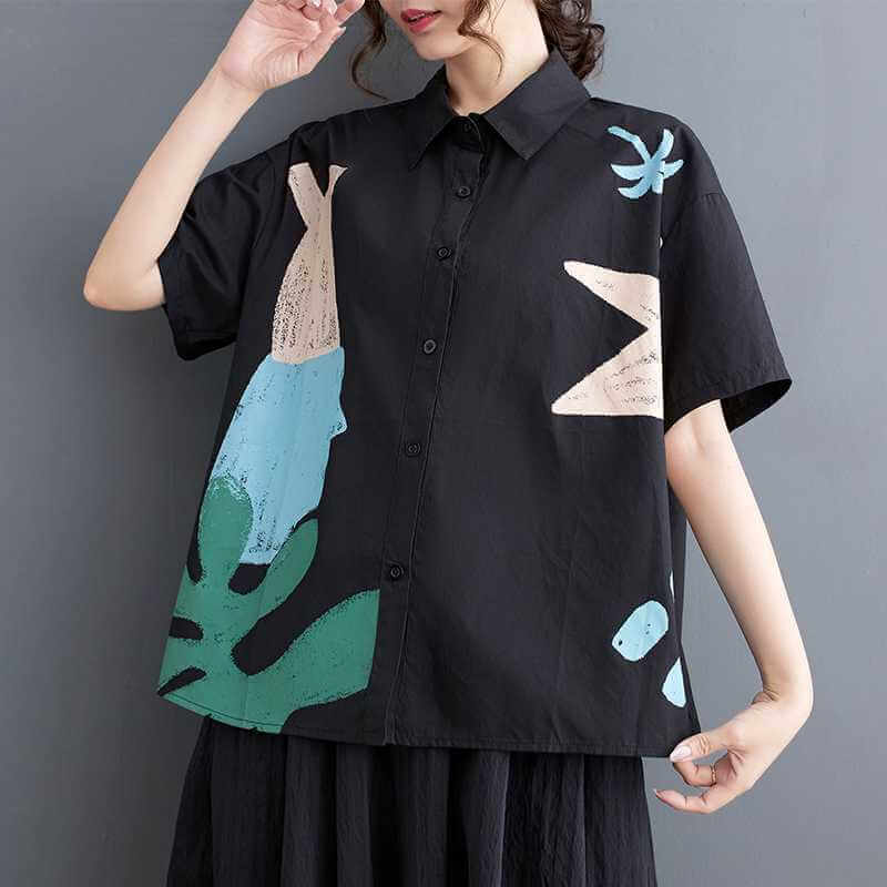 New Korean loose plus size patchwork short sleeved shirt for women