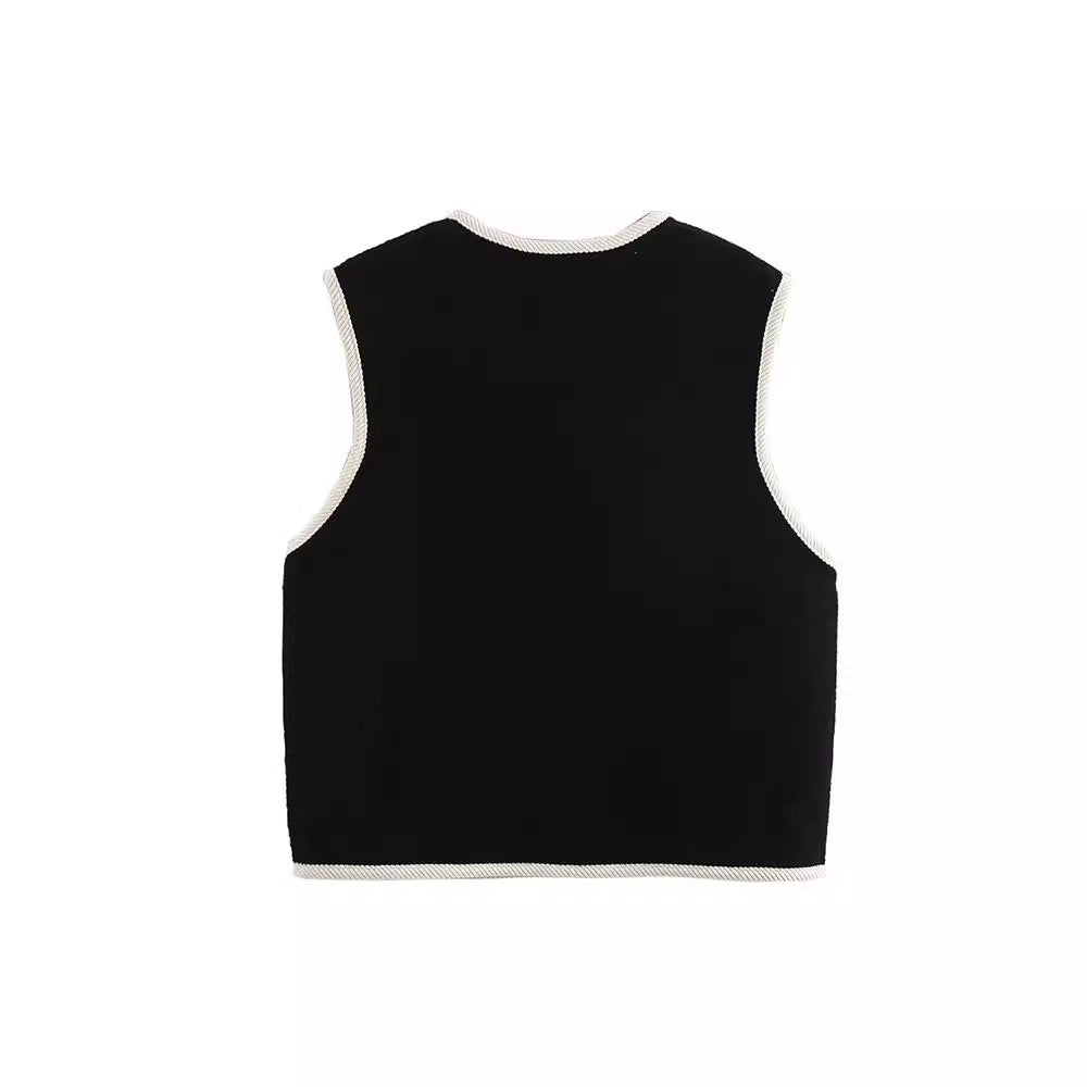 Korean loose fit sleeveless sleeveless trimmed pocket pearl fleece vest top