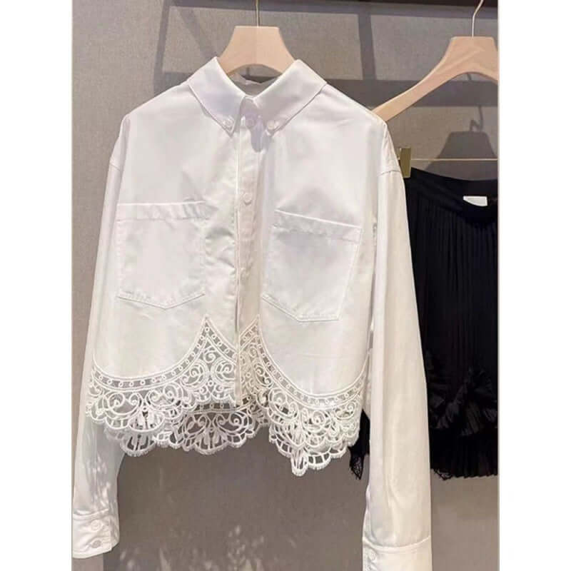 French lace patchwork top niche small long sleeved white shirt