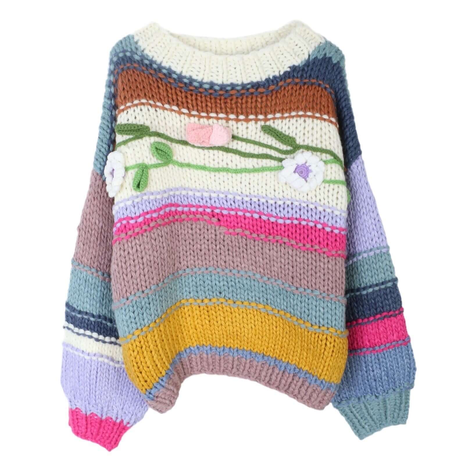 Fashionable lazy style sweater knitted sweater striped contrasting loose stick needle punched three-dimensional flower long slee