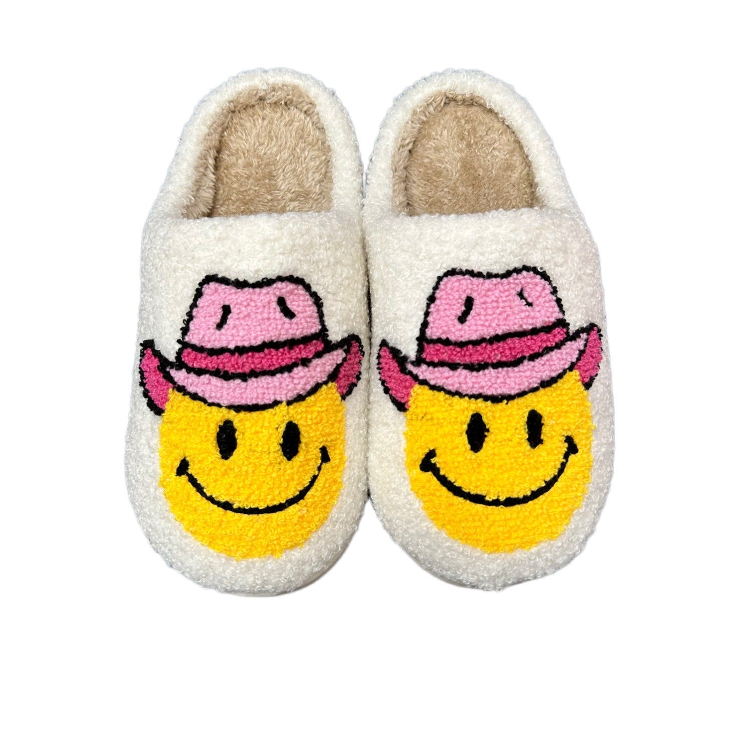 Zapatillas de interior de algodón con estampado de cara sonriente de mezclilla para hombres y mujeres de felpa