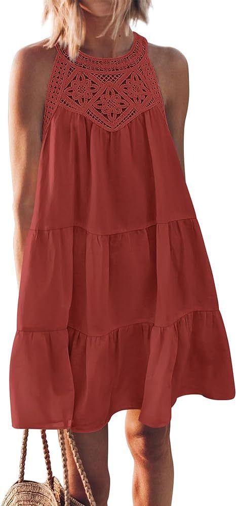 Hollow out backless dress, casual sleeveless A-line layered swinging vest skirt