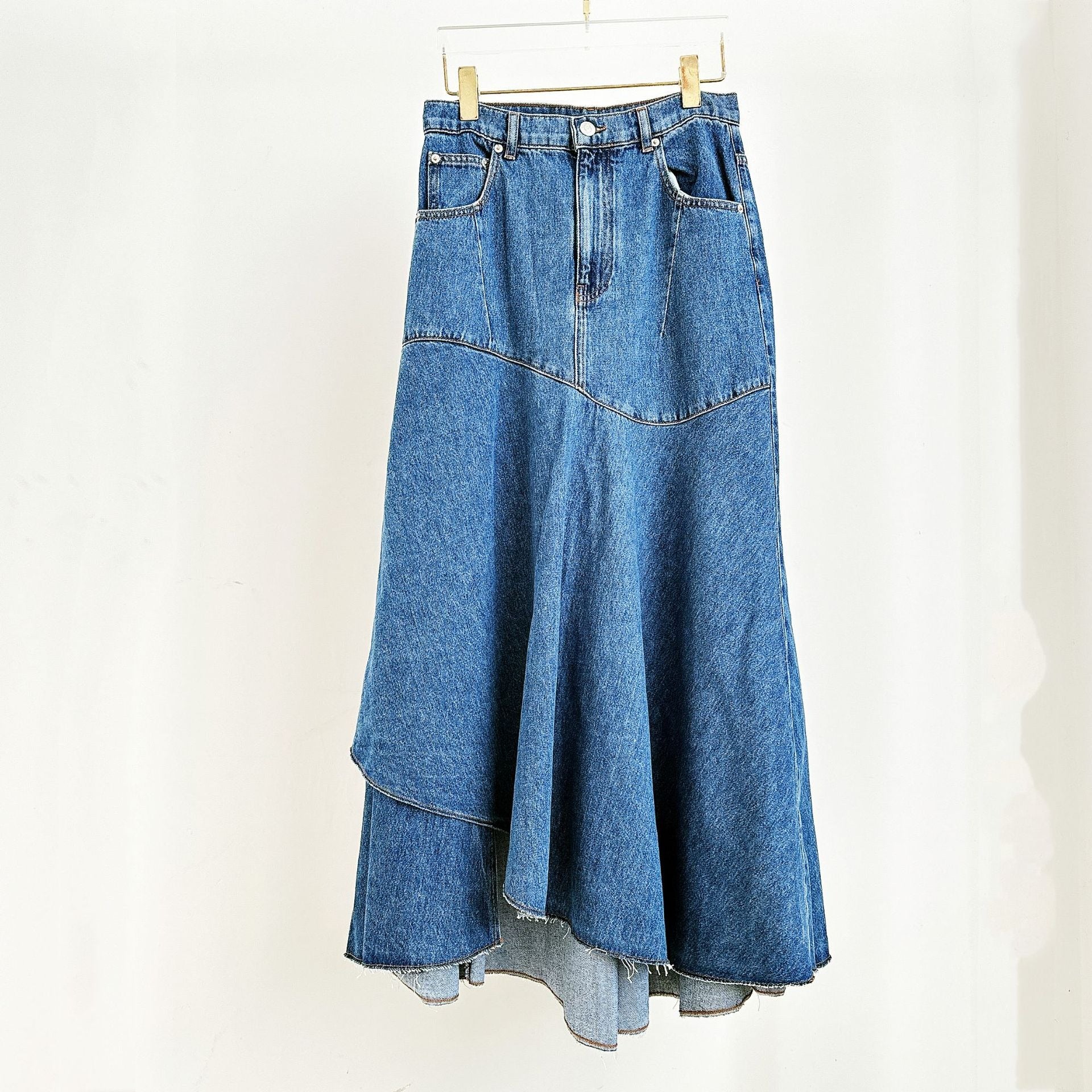 New fashion splicing blue irregular denim high waisted half length skirt
