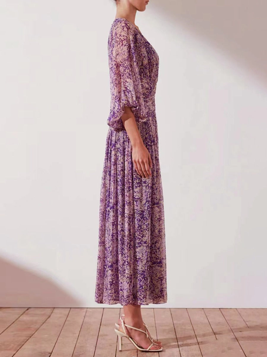 New V-neck Waist Fold Beach Long Dress Fashion Fold Temperament Purple Gentle Style Dress Women