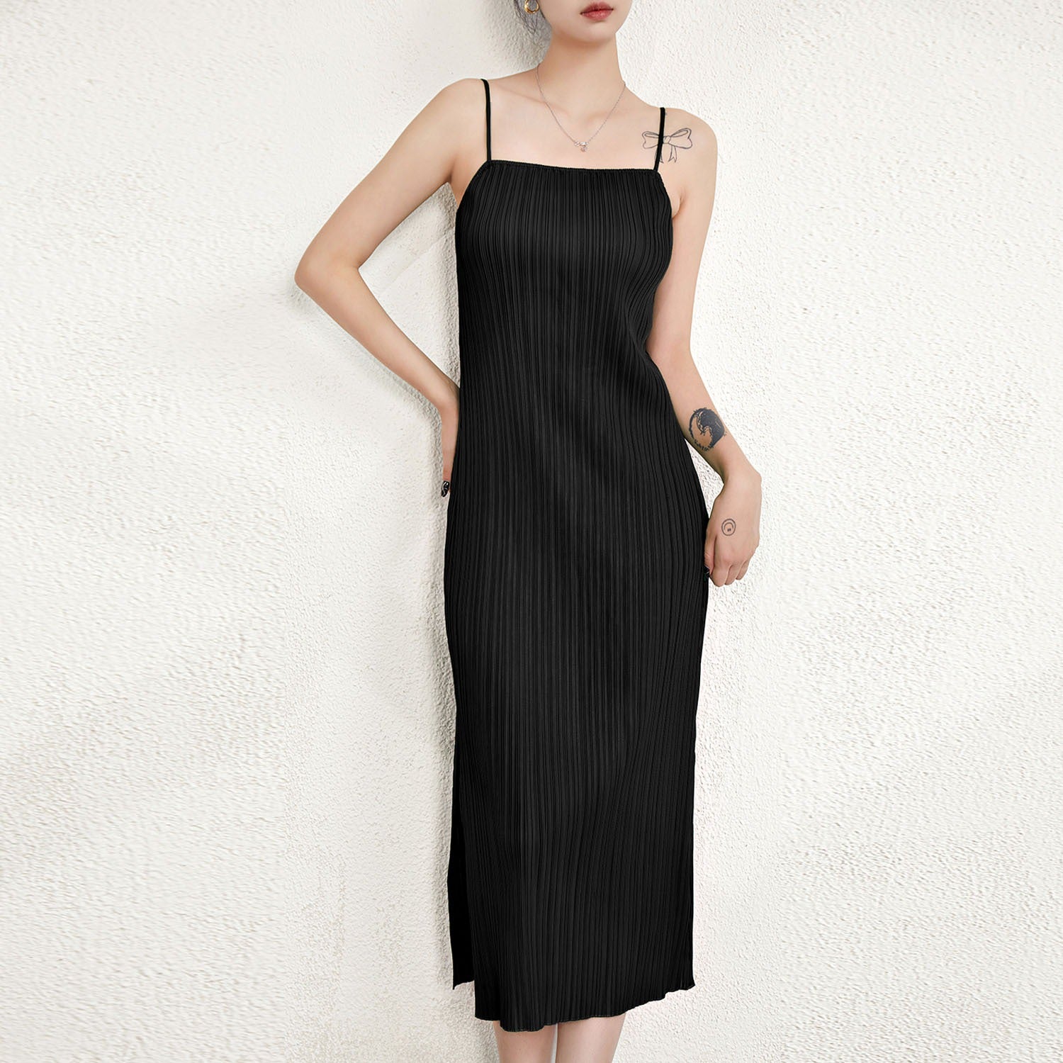 Folded camisole dress for women with a straight neckline slim fit and slim fit slit midi length skirt