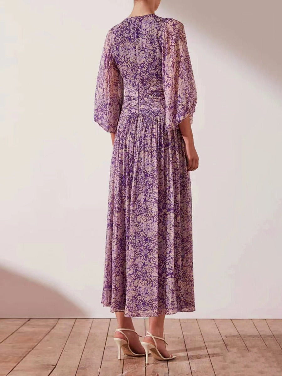 New V-neck Waist Fold Beach Long Dress Fashion Fold Temperament Purple Gentle Style Dress Women