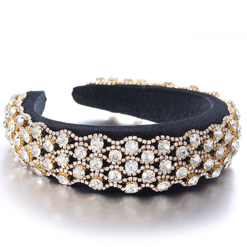 Fashionable full set rhinestone wide edge solid color sponge head hoop