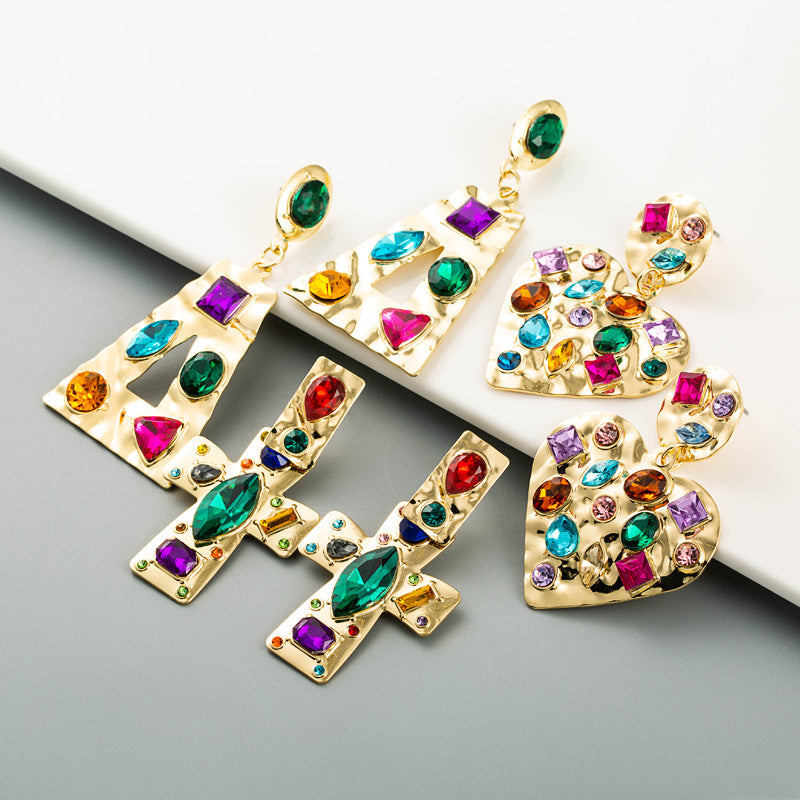 Geometric Heart Shaped Alloy Set Colorful Rhinestone Earrings Vintage Gold Drop Earrings