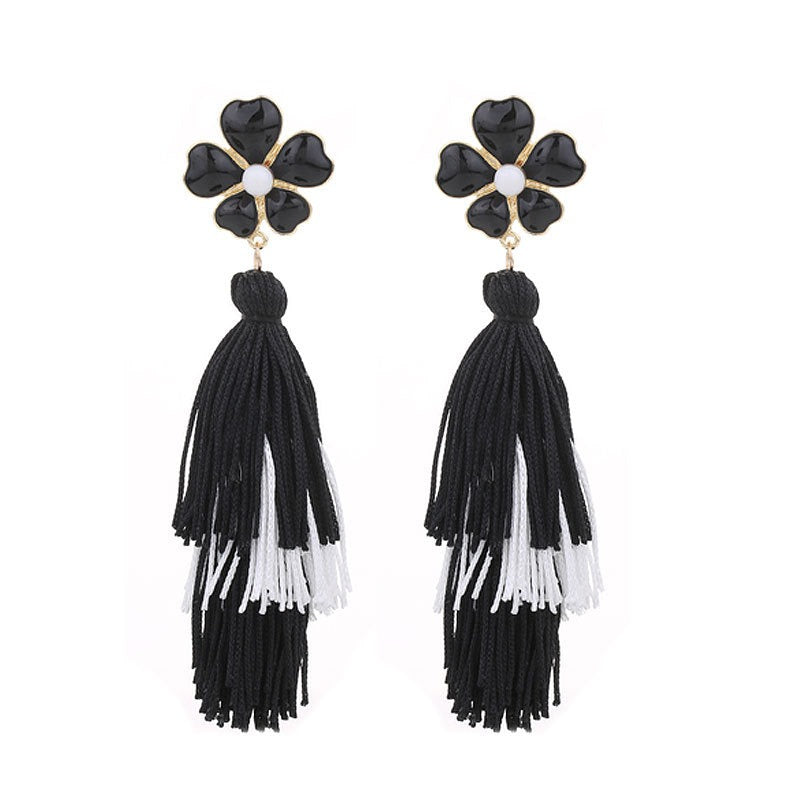 Bohemian style long drop oil flower tassel earrings for women