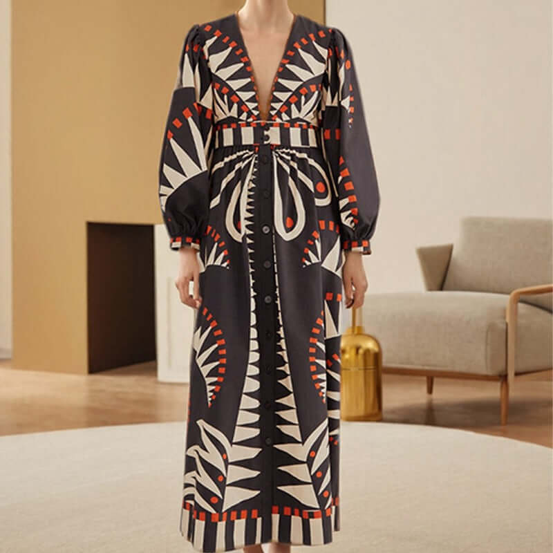 Autumn long dress with classical style print and fashionable temperament, V-neck lantern sleeve dress