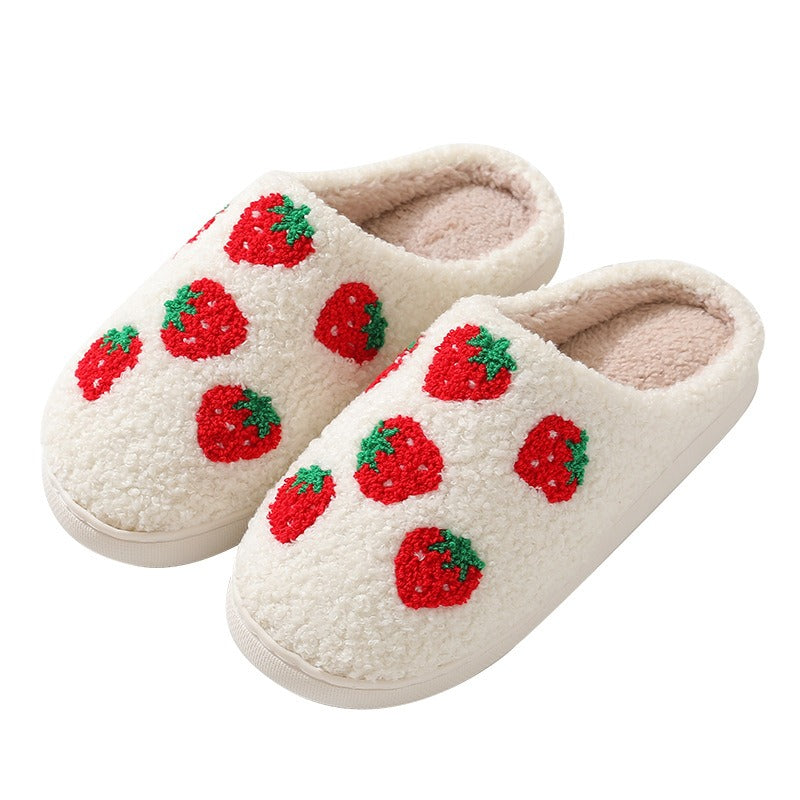 Cómodas zapatillas caseras de algodón de invierno con fresas para hombres y mujeres con suela gruesa