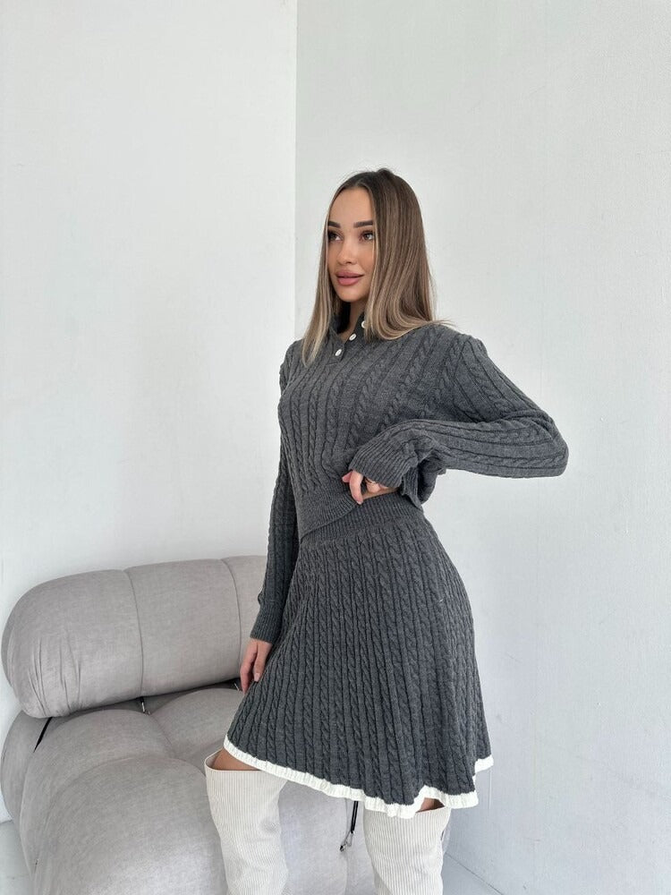 New European and American casual skirt set long sleeved knitted button sweater short skirt two-piece set for women