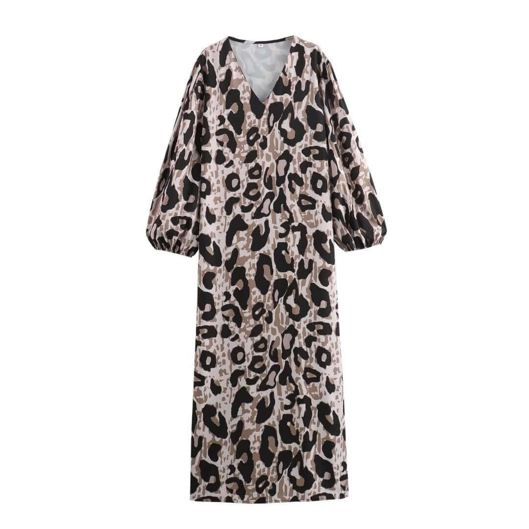 Spring new fashion leopard print loose V-neck long sleeved dress long skirt for women