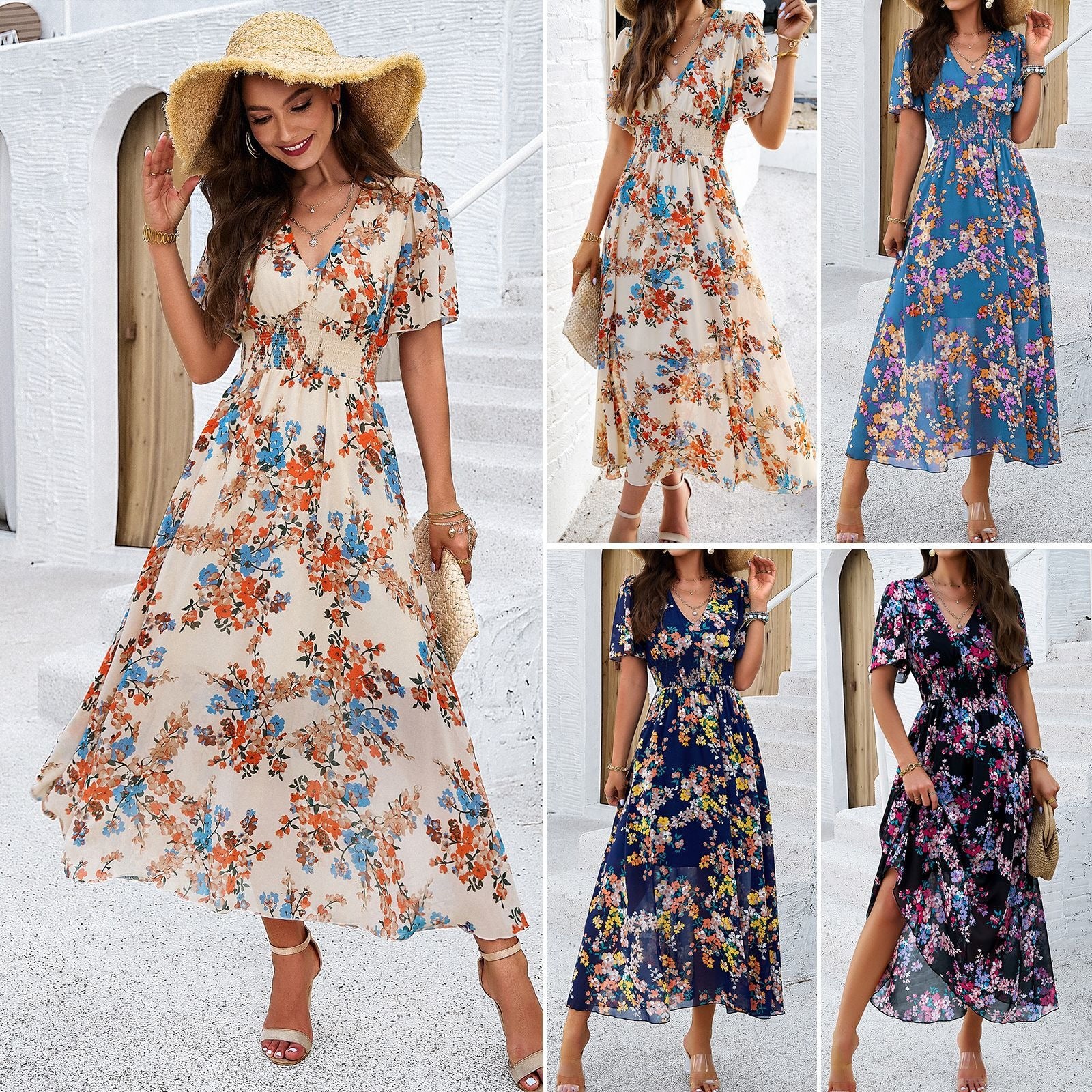 Vestido de manga corta con cintura estampada estilo primavera/verano para mujer 