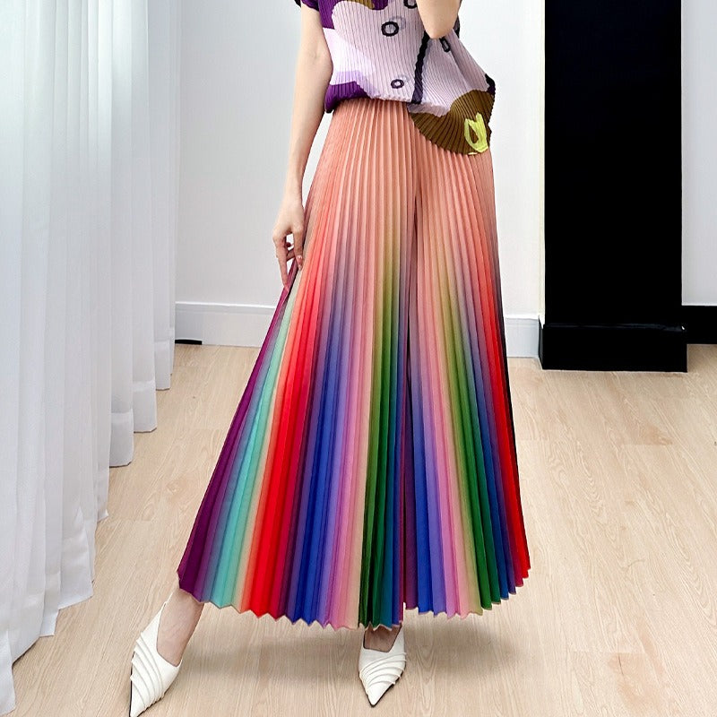 Women's trousers, high-end, niche, gradient pleated, loose, versatile, slimming, wide-leg pleated culottes