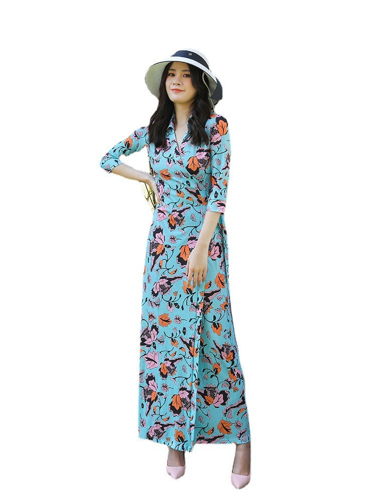 Floral pattern wrap dress knitted stretch collarless three-quarter sleeve + collared long strappy dress