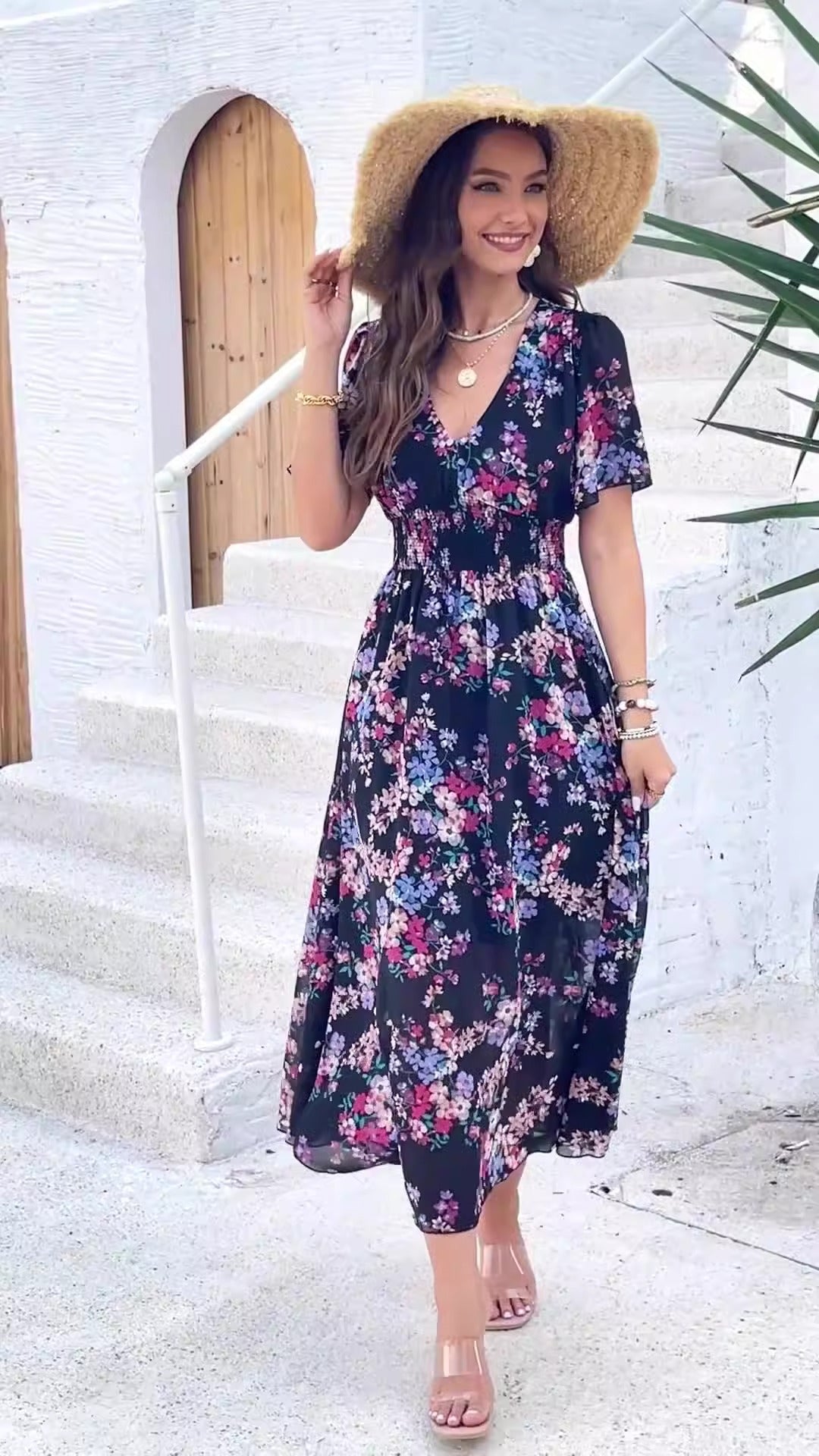 Vestido de manga corta con cintura estampada estilo primavera/verano para mujer 