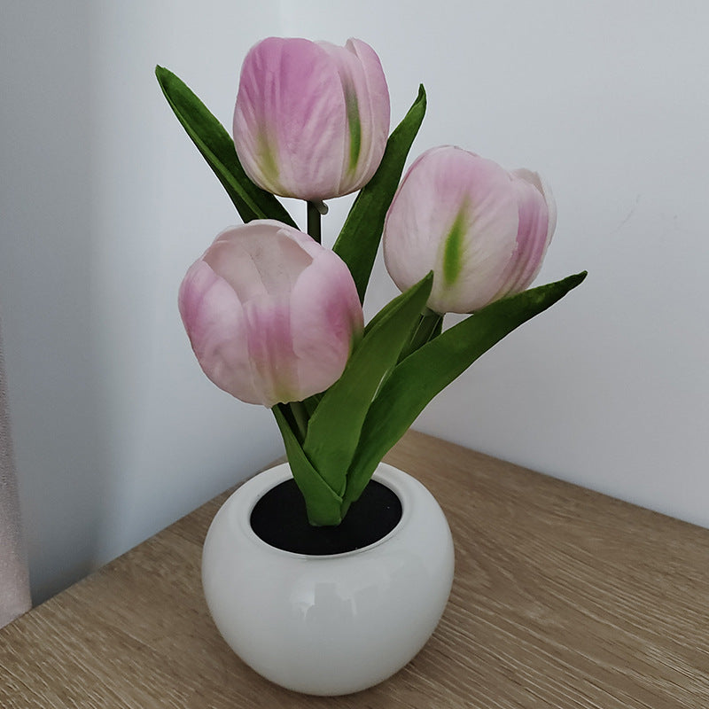 LED Tulip Flower Pot Light Pink Tulip Simulation Flower Pot Ceramic