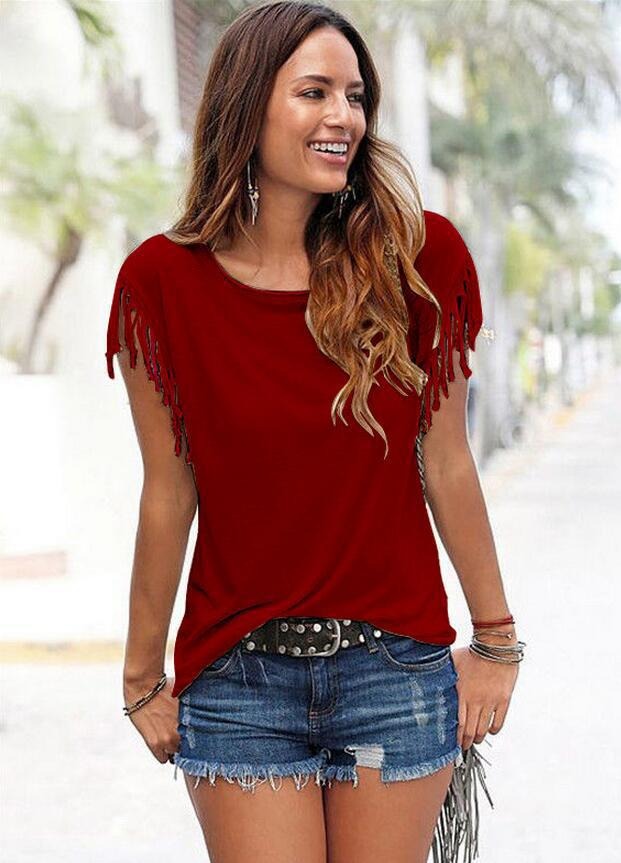 Round neck short sleeved tassel tie t-shirt top