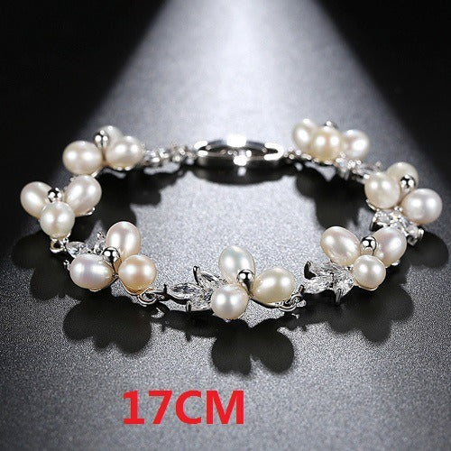 Pulsera de perlas de agua dulce Juego de cobre ligero de lujo para mujer Pulsera de circón 3A