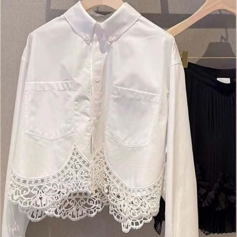 French lace patchwork top niche small long sleeved white shirt