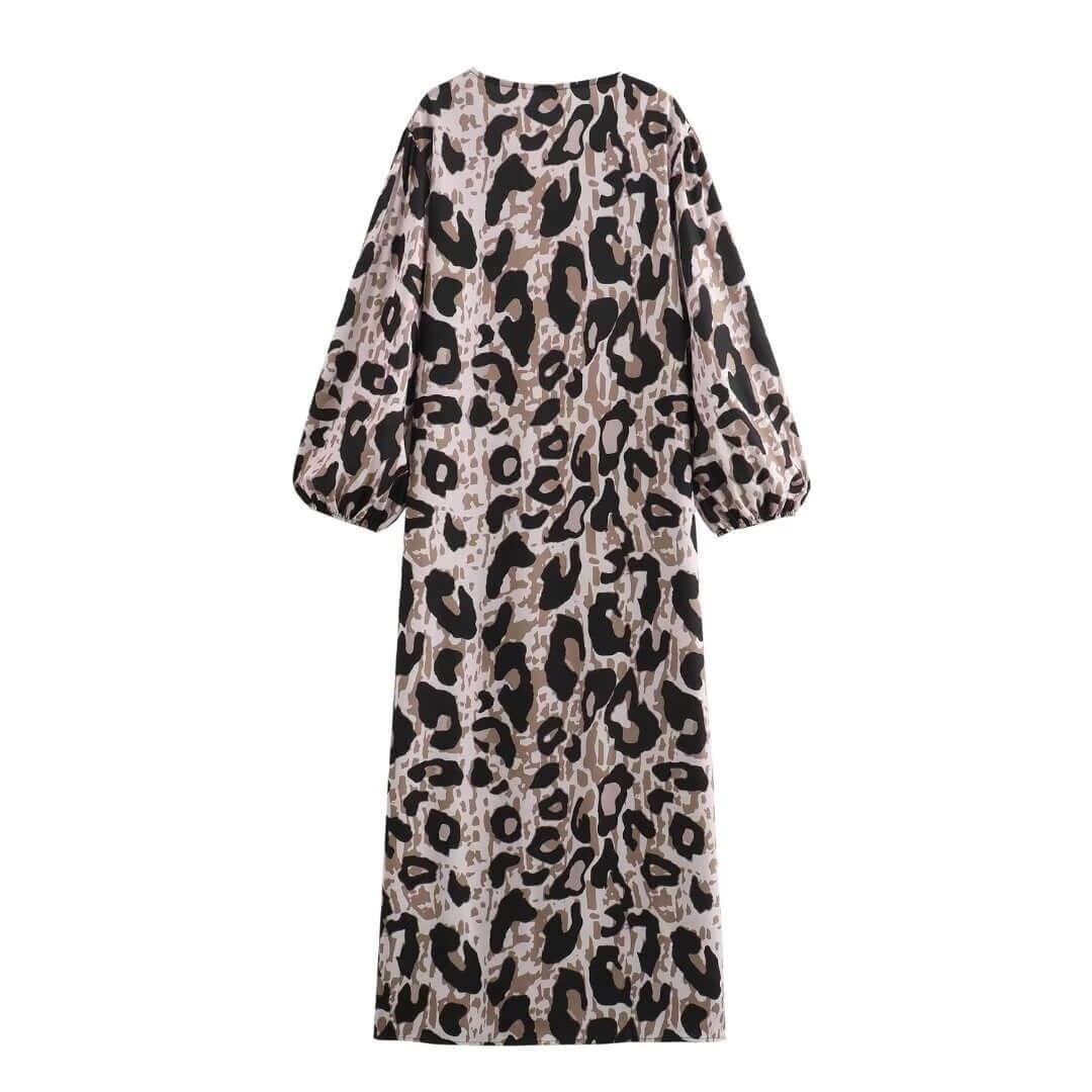 Spring new fashion leopard print loose V-neck long sleeved dress long skirt for women