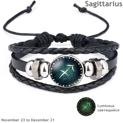 12 Constellation Luminous Leather Bracelet  for Men/Women
