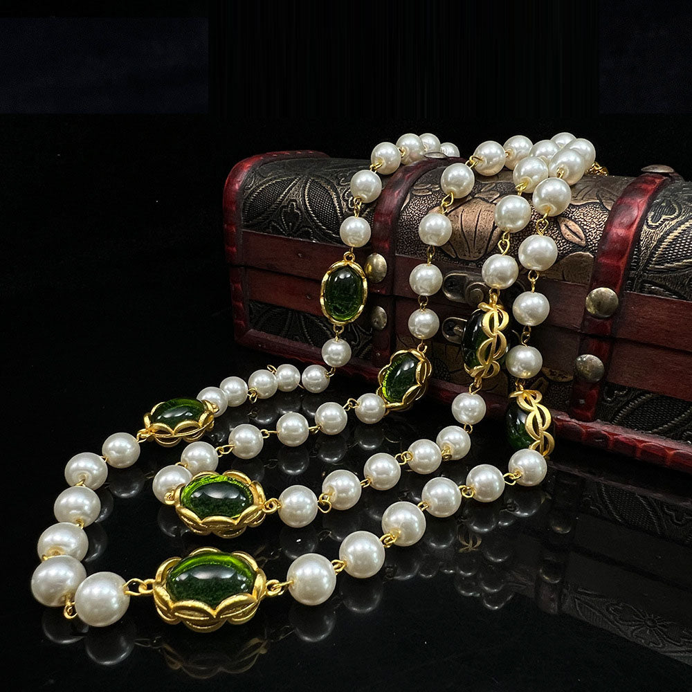 Baroque palace style long glazed multi-layer medieval style pearl sweater chain