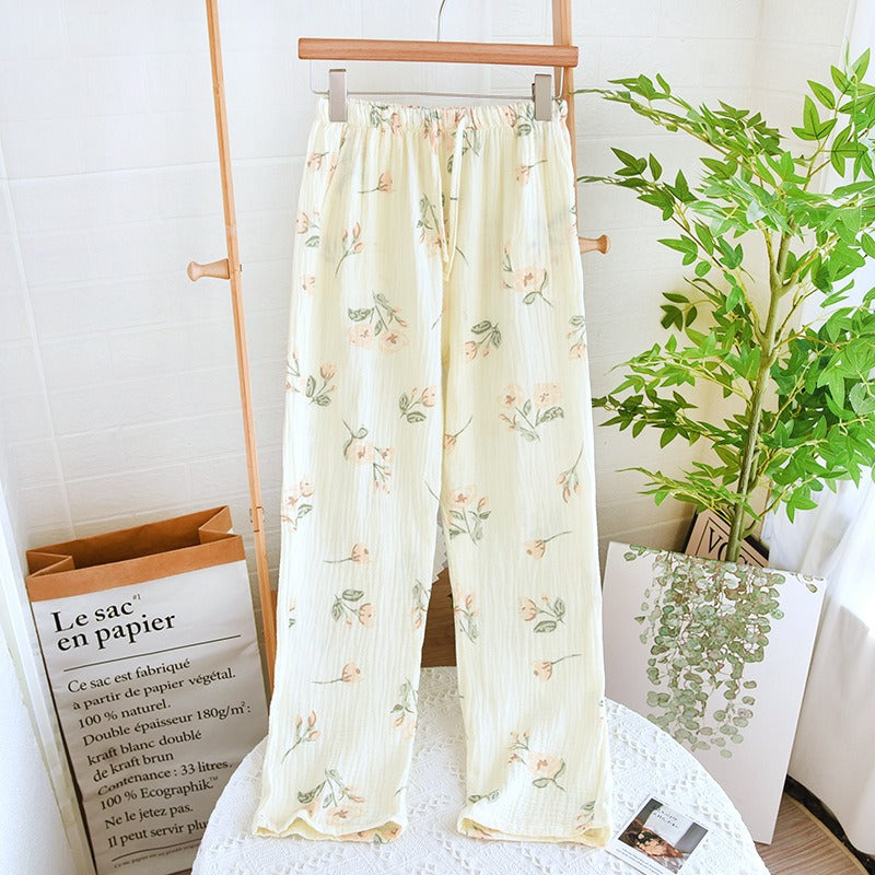 Pantalones de pijama de crepé de algodón para mujer, pantalones holgados con cintura elástica, pantalones para dormir transpirables, ropa de estar en casa para las cuatro estaciones