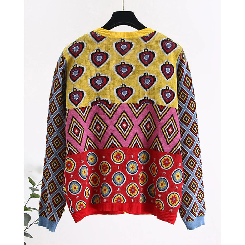 Brand Designer Women's Cardigan  Vintage Contrast Geometric Heart Single Breasted Round Neck Open Stitch Cardigan